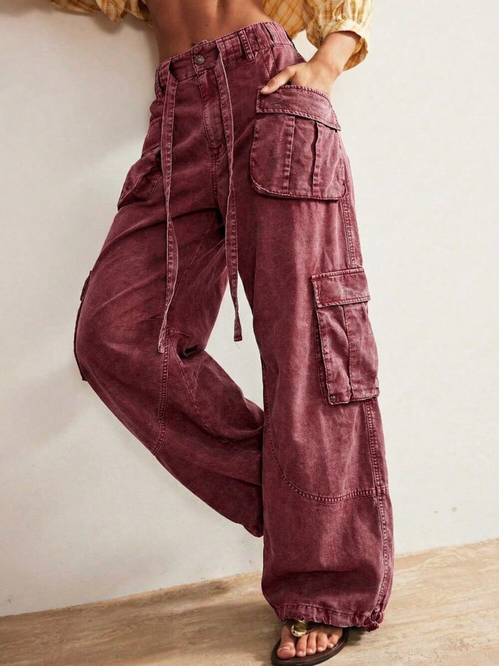 Burgundy Casual Women's Woven Loose Drawstring Waist Low-Rise Wide Leg Pants - Picture 10 of 10